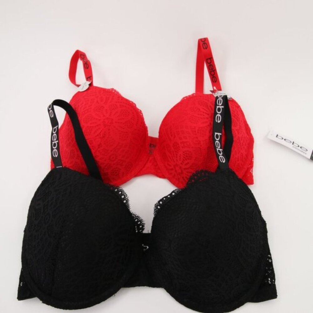 Bebe Bra Black Red Lace Pack of 2 Underwire Gentle Lift Pushup Bra Size 34DD New